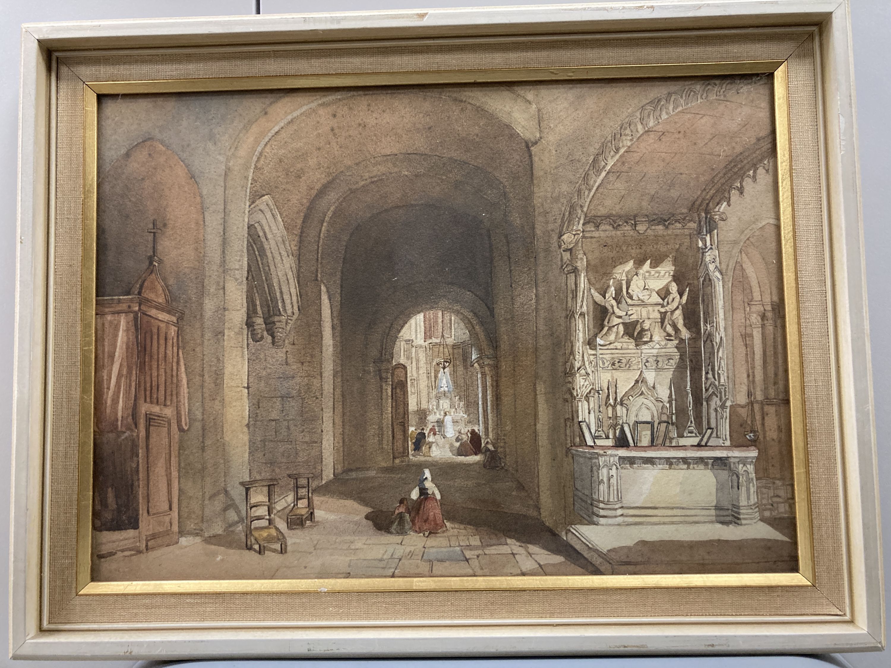 Attrib. to Samuel Gillespie Prout (1822-1911), French church interior, watercolour and a pair of watercolours attributed to Henry Woods